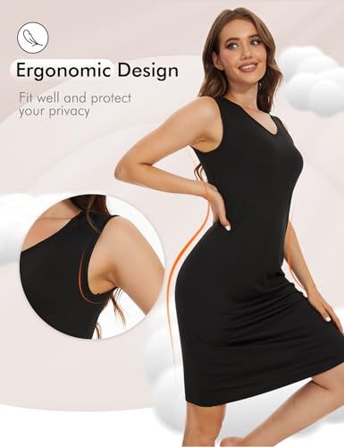 Image of MANCYFIT Women's Full Slip V Neckline Slip Dress Wide Straps Tank Top Slip for Women Under Dress Knee Length Slip