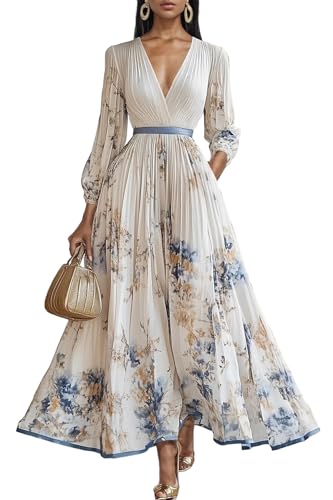 Women's Floral Printed Pleated Dress Sexy V Neck Long Sleeve Flowy A Line Party Maxi Dresses with Belt