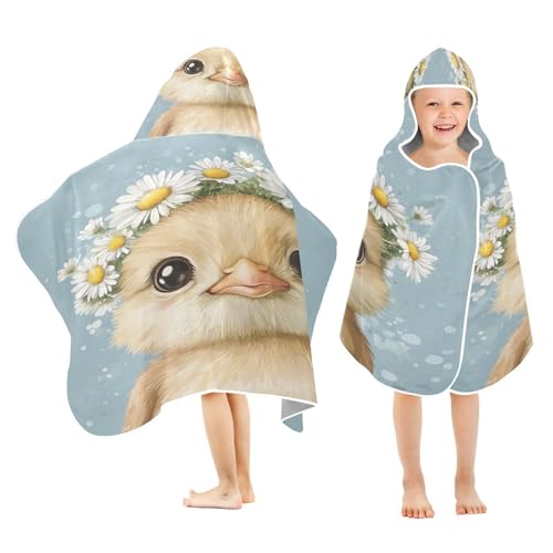 pnyoin Kids Beach Towels with Hood Oversized Hooded Kids Towel for Boys Girls Cute Chick with Daisies Absorbent Quick Dry Soft Microfiber Beach Swim Pool Cover Up Towel