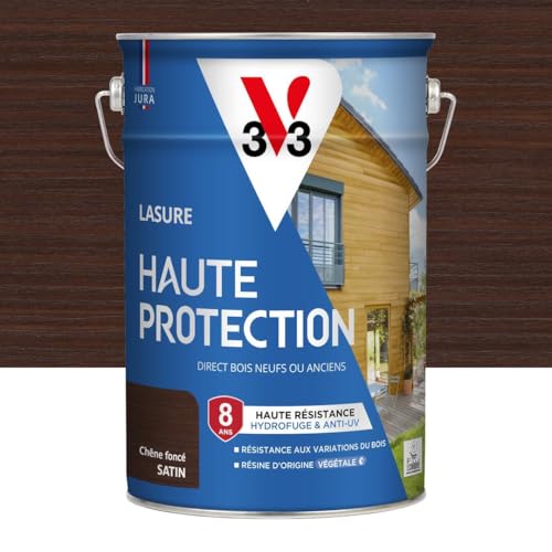 V33 Lasure Bois extérieur Chêne foncé satin - Haute Protection 8 ans - Haute résistance hydrofuge et anti-UV - Résiste aux variations du bois - Ecolabel, résine...