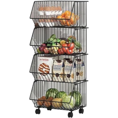 REENEW キッチンワゴン スチールラック 収納ワゴン 収納バスケット 5段 収納棚 キャスター付き 取り外し・積み重ね可能 防錆 大容量 棚 収納 奥行30 cm スリム トイレ リビング 台所収納 (ブラック,4段:41*29*80cm)