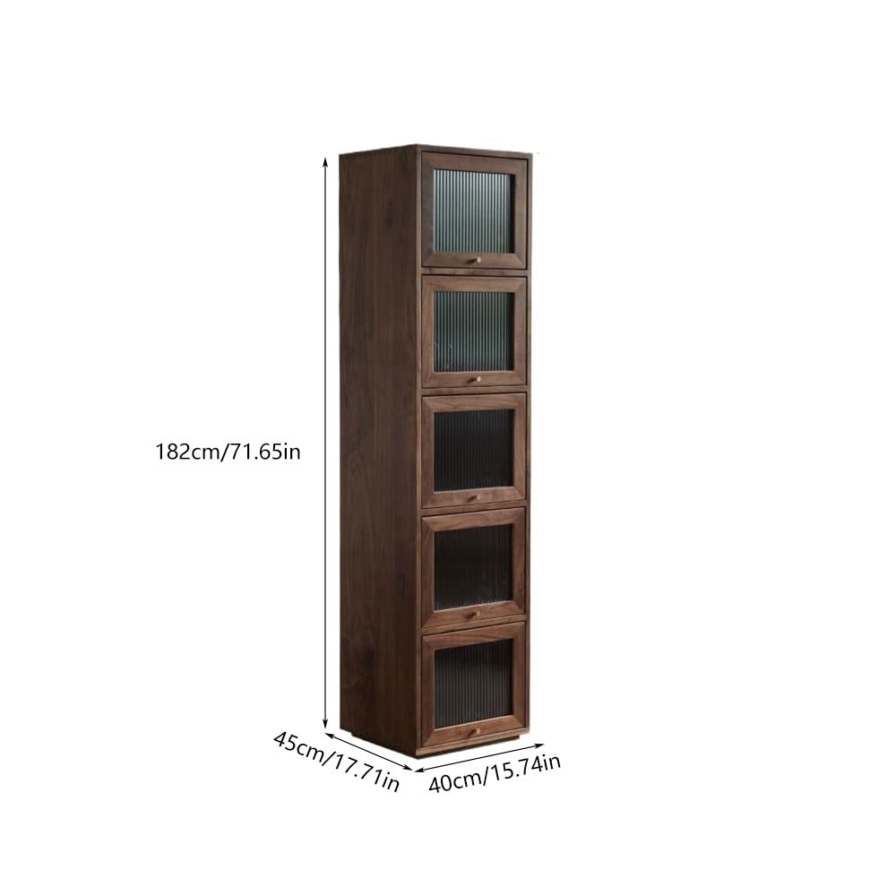 Gabinete de Bar de Vinos Industrial Vitrina de madera maciza de 182 x 40 x 45 cm for sala de estar, vitrina de almacenamiento de nogal con cinco puertas de cristal, mueble de almacenamiento retro.