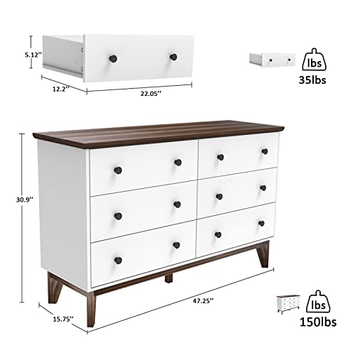 LYNSOM White Dresser for Bedroom, Modern 6 Drawer Double Dresser with