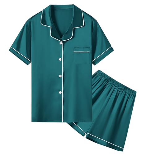 Image of Umeyda Women & Girls Pajamas Set, 2 Piece PJS Satin Silk Sleepwear Button-Down Top with Shorts for Mom Kids Gifts