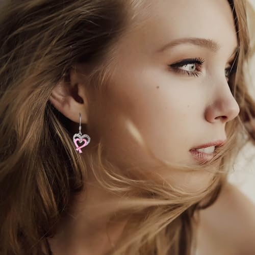 Breast Cancer Awareness Earrings 925 Sterling Silver Pink Ribbon Heart Stud Earring Survivor Jewelry Inspirational Gifts for Women (Pink Ribbon Dangel Earrings) by Mic Tai - Image 2