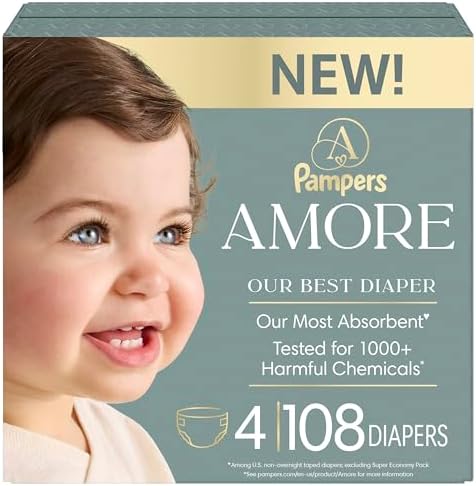 Pampers Amore, Size 4 (15-34 lbs), 108 Count, Our Best Diaper – Hypoallergenic & Fragrance Free, Up to 100% Leakproof, Soft as Cashmere