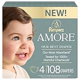 Pampers Amore, Size 4 (15-34 lbs), 108 Count, Our Best Diaper – Hypoallergenic & Fragrance Free, Up to 100% Leakproof, Soft as Cashmere