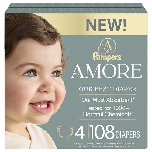 Image of Pampers Amore, Size 4 (15-34 lbs), 108 Count, Our Best Diaper – Hypoallergenic & Fragrance Free, Up to 100% Leakproof, Soft as Cashmere