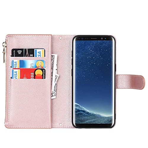Sailortech Samsung Galaxy S9 Wallet Phone Case 9 Card Holder 1 Zipper Coin Wallet 2 Cash Slot Lanyard Flip Leather Cover Pink #TOP2