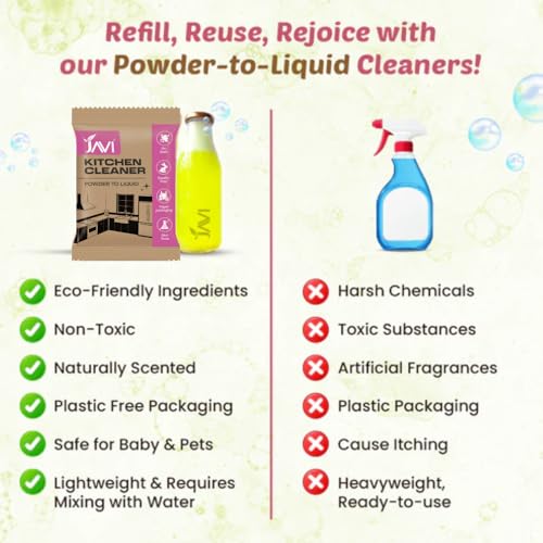 Image of JAVI Kitchen Cleaner Powder to Liquid | Eco-Friendly Grease Remover for Kitchen Surfaces | Non-Toxic, Cruelty-Free Cleaning Powder | Plastic-Free Refill Cleaner | (2 Sachet = 1 Ltr)