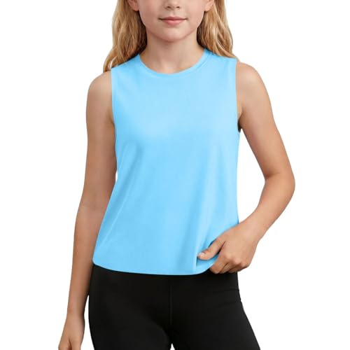 Image of Girls Workout Tank Tops, Baggy Vest Shirts Sleeveless Sports Tunic Tshirts Solid Quick Dry Camisoles Casual Summer Play Sports Gym Training Active Wear Light Blue 11-12 Years