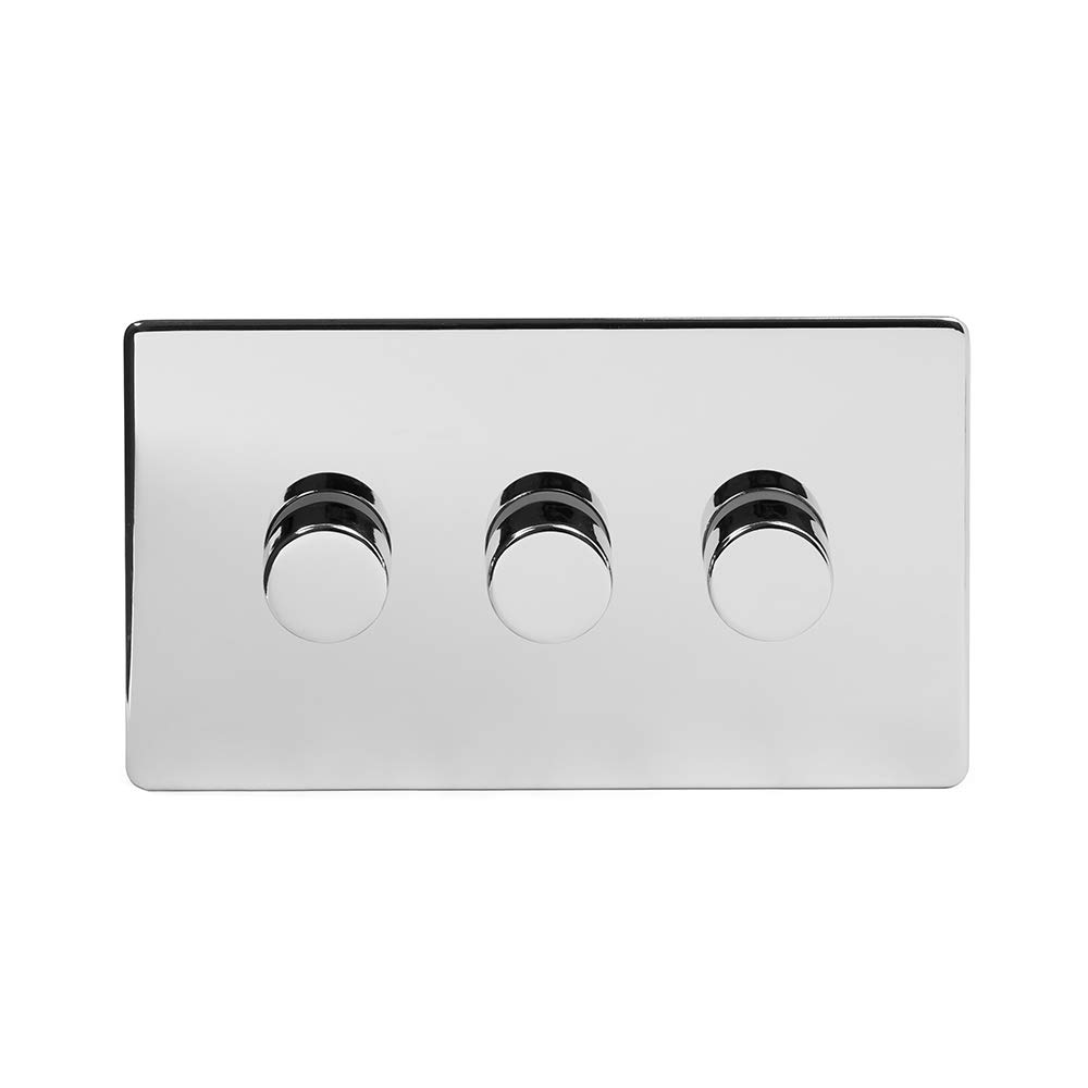 Polished Chrome Switch 2 Way Intelligent Dimmer Switch | Screwless Faceplate and Suitable For Contemporary and Modern Rooms (3 Gang 2 Way)