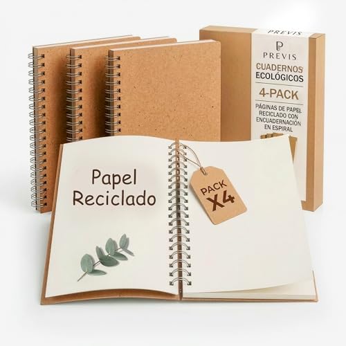 PREVIS x4 Libreta A5 Hojas Blancas 100% Papel Reciclado   Pack de 4 Cuaderno de Notas con Anillas Pequeño A5 160 Páginas con 80g   Ideal para Tareas, Trabajo y Soltar y Desestresar la Mente.