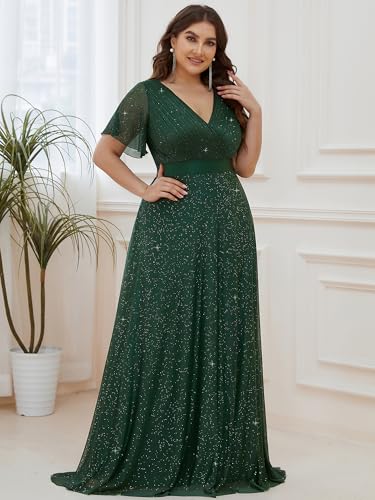 Image of Ever-Pretty Plus Women's Glitter Formal Dress Evening Gown for Gala V-Neck Short Sleeve Floor Length Plus Size Prom Dresses