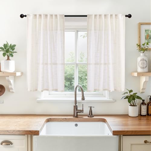 YoungsTex Small Linen Curtains 40 Inches Long - Short Semi Sheer Drapes with Rod Pocket Back Tab Rustic Natural for Bathroom Kitchen Windows Over Sink, 2 Panels, 34 X 40 Inch