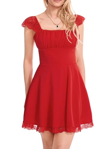 Image of Womens Graduation Party Mini Dress Cute Square Neck Lace Straps White Fairy Short Dress