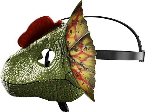 Mattel Jurassic World Role-Play Mask, Dilophosaurus with Venom Launching Water Feature, Sound & Adjustable Frill, Dinosaur Costume Headgear Toy