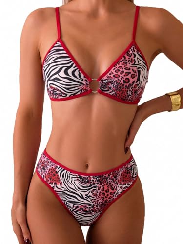 Image of Fanuerg Women's Triangle Bikini Sets O Ring Linked Two Piece Swimsuits Floral Printed Cheeky Bathing Suit