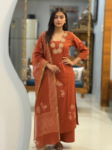 Image of ANNI Designer Women's Rayon Viscose Straight fit Printed Embroidered Kurta with Pant & Dupatta | Ethnic Kurta Set for Women | Daily, Office & Festive Traditional