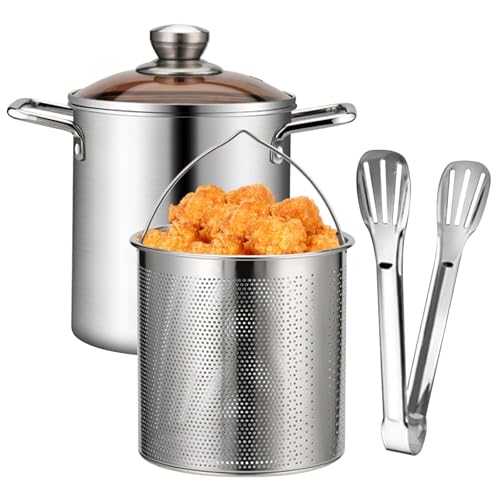 Mini bote de freidora profunda, maceta de fryer profunda de 3.2qt, freír con canasta, tapa ＆ Ponga de acero inoxidable para pasta, espagueti, huevos hervidos, camarones, papas fritas