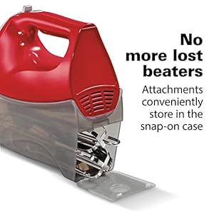 Hamilton beach 6 speed electric hand mixer with whisk traditional beaters dough hooks snap on storage case 275 watts red  urban country home decor