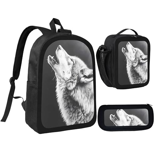 Howling Moon Wolf Grey 3 Pcs 17 Inches Backpack Set with Insulated Lunch Bag And Pencil Pouch Large Back Pack for Men Women Lunchbox Pencil Case Waterproof Backpacks Lunch Box 3 Piece Daypacks