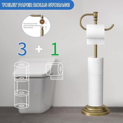 RUMOSE Toilet Paper Holder Stand for Floor,Antique Brass Adjustable (12.4" to 22.8") Bathroom Toilet Tissue Holder, Free Standing Paper Roll Holder with Storage, Stainless Steel by RUMOSE - Image 5