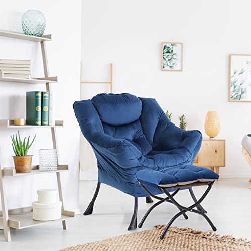 LITA Lazy Chair with Ottoman, Modern Accent Leisure Upholstered Sofa Chair, Contemporary Lounge Reading Chair with Armrests and a Side Pocket for Living Room, Bedroom & Small Space, Royal Blue - Thumbnail 6