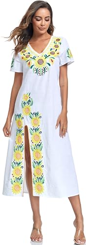 Image of YZXDORWJ Women Mexican Embroidered Dress V Neck Sexy Maxi Short Sleeve Casual Beach Split Dress