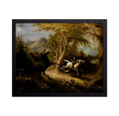 Monem Art The Headless Horseman Pursuing Ichabod Crane Poster - Legend of Sleepy Hollow Print - Halloween Painting Art - Moody Art - Gothic Home Theater or Office Decor, 16x20 Black Framed