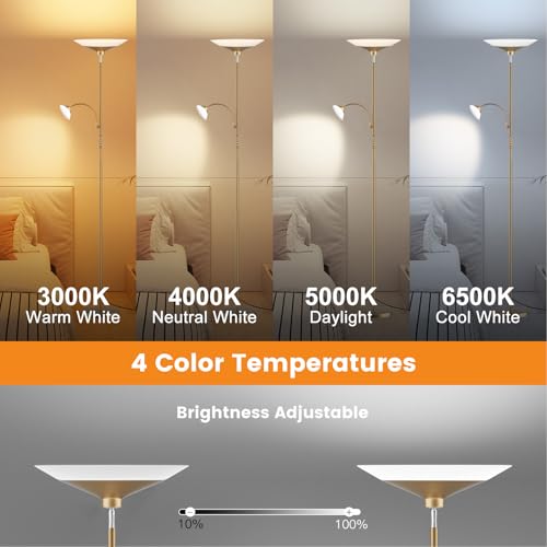 Image of SIBRILLE Gold Torchiere Floor Lamp - 2 Way LED Standing Lamp with Reading Light, Dimmable 72'' Tall Lamp with Remote Color Changing, 34W Mordern Uplighter for Living Room Bedroom Office