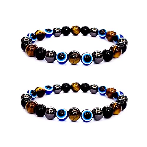 Evil Eye with Hematite Black Obsidian Tiger Eye Stone Triple Protection Bracelets for Men Women, Crystal Jewelry Stone Bracelets Bring Luck and Prosperity and Happiness