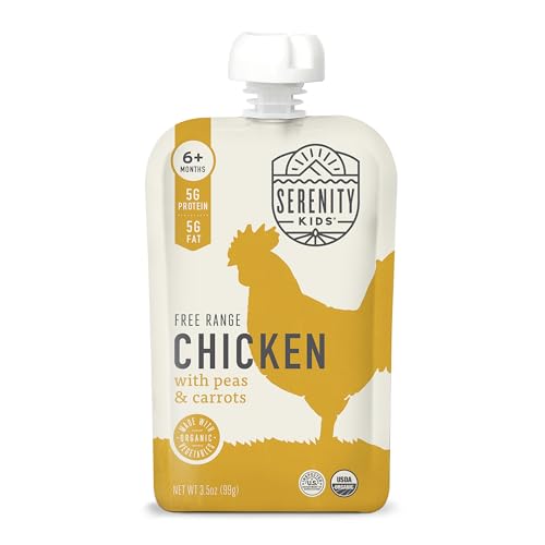 Serenity Kids 6+ Months Baby Food Pouches Puree Made With Ethically Sourced Meats & Organic Veggies | 3.5 Ounce BPA-Free Pouch | Free Range Chicken, Pea, Carrot | 1 Count