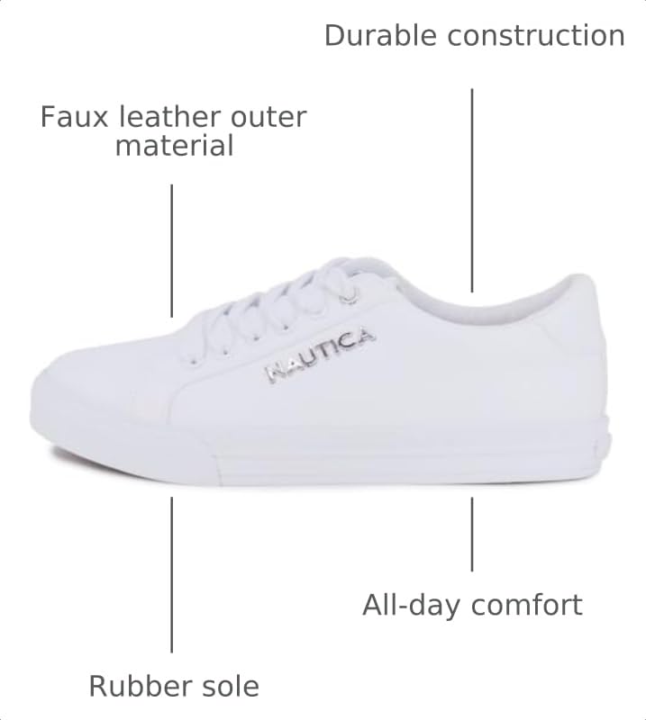 Image of Nautica Women's Fashion Sneaker, Classic Low-Top Lace-Up Casual Shoe with Metal Side Logo and Soft Cushioned Comfort for Everyday Wear