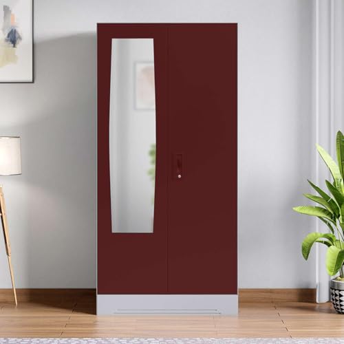 Image of Interio by Godrej Almirah Slimline 2-Door Steel Almirah, Cupboard for Clothes (Russet), 1-Year Warranty, 4 Shelves, 1 Drawer, 1 Locker, Star Design Mirror