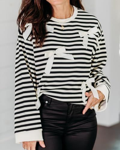 Image of Women's Cute Bow Sweater Striped Long Sleeve Crewneck Pullover Sweaters Holiday Trendy Tops