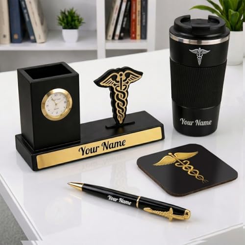Image of Giftana 2 in 1 Personalized Desk Table Organizer with Pen Gift Set for Doctors, Customized Pen Stand Table Clock & Calendar, Customised New Year Corporate Gift Set for Employee (4 in 1Doctors Symbol)