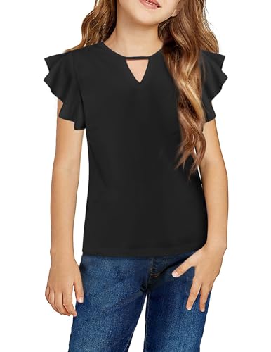 Image of Arshiner Girls Shirts Short Sleeve Tee Ruffle Solid Summer Keyhole Neck Cotton Blouse Tops