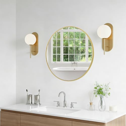 Image of NEWBULIG Round Mirror 28 inch Gold Wall Mounted Circle Mirrors Vanity Mirror with Brushed Aluminum Alloy Frame Modern Decoration for Bathroom, Living Room, Vanity, Bedroom, Entryway