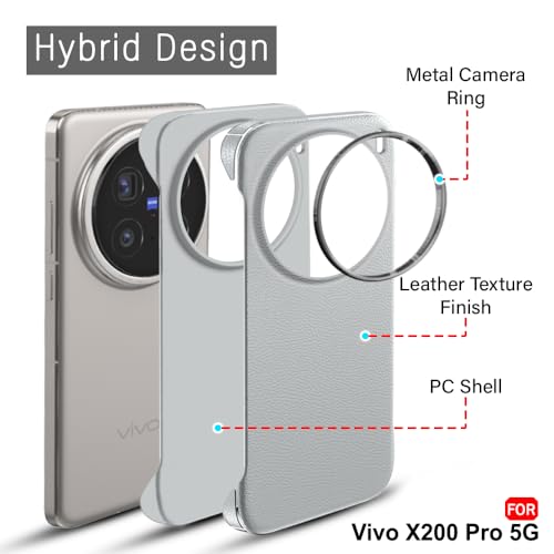 Image of TheGiftKart Hybrid Ultimate Slim Back Case Cover for Vivo X200 Pro 5G | Lightweight Profile | Hard Back Cover for Vivo X200 Pro (PC & TPU, Metal Camera Ring, Leather Texture Finish, Grey)