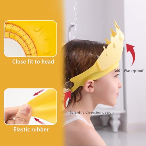Image of SNOWIE SOFT Baby Shower Cap Hair Brush Rinse Cup Soft Silicone Crown Cap Adjustable Bath Cap Protecting Eye & Ear for Baby Shower Gift Set, Yellow Infant Bath Protection Kit