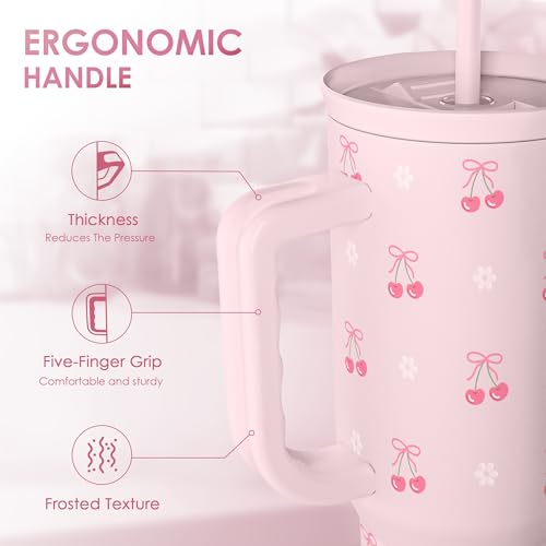 Image of SANDJEST Cherry 40oz Slider Tumbler with Handle and Straw - Insulated Stainless Steel Travel Coffee Mug for Women Girls, Gift for Birthday Christmas