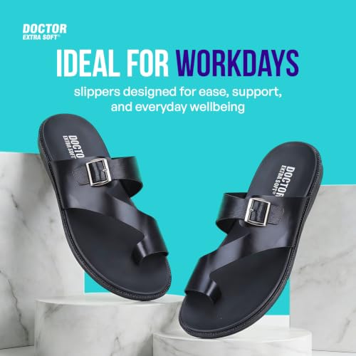 Image of DOCTOR EXTRA SOFT Men's Classic Casual Original Leather Thong Black /Brown Sandals /Chappals with Memory Foam Cushion| Stylish & Non-Slip|Comfortable | Lightweight |Flip flops Slippers Gents & Boys F-1