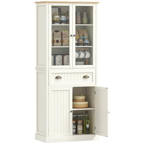 HOMCOM Alacena de Cocina Despensa Armario de Cocina con 2 Puertas de Vidrio 1 Cajón y Baldas Ajustables Aparador para Comedor Salón 76x40x182,5 cm Crema