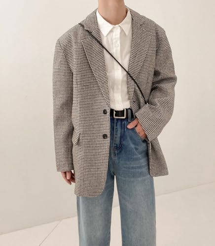 chouyatou Men's Plaid Pattern Wool Blazer Sports Coat Casual Notched Lapel Single Breasted Wool Pea Coat2