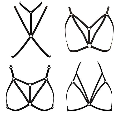 CASSIECA 4 Stücke Damen Harness Straps Aushöhlen Körper Cross Cage BH Cupless Dessous Bra Schwarz