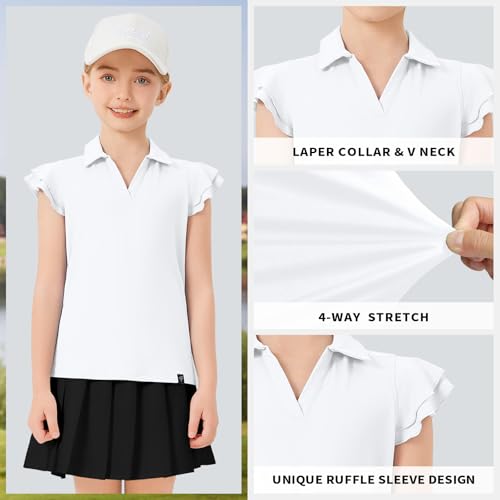 Image of Soneven Girls Ruffle Sleeve Polo Shirts V-Neck Golf Tennis T-Shirts Uniform Shirts Quick Dry for 4-14 Years