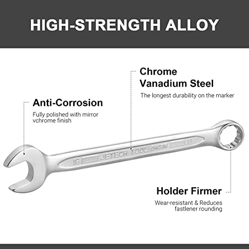 Image of Jetech 16mm Combination Wrench - Industrial Grade, Chrome Vanadium Steel, Sand Blasted Finish, Precision-Machined 12-Point Opening, Off-Cornered Design, 15-Degree Offset