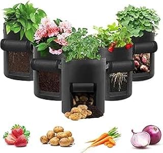 Potato Grow Bag, 5 Pack 10 Gallon Plant Bags Breathable Garden Growing Bag Planting Tomato Fabric Pots with Strap Handles and Access Flap for Vegetables, Fruits, Home Grow Bag (Black)