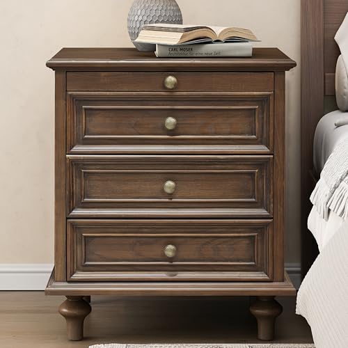 KEIKI Ash Wood Nightstand Walnut Brown, Mid Century Modern Night Stand with Drawers, Living Room Bedside Table w/Pull-Out Storage Tray, Small Solid Side Table for Bedroom, Easy Assembly, Dark Brown by KEIKI - Used condition - US$167.76